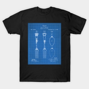 Kitchen Fork Spoon Patent - Chef Cook Farmhouse Decor Art - Blueprint T-Shirt